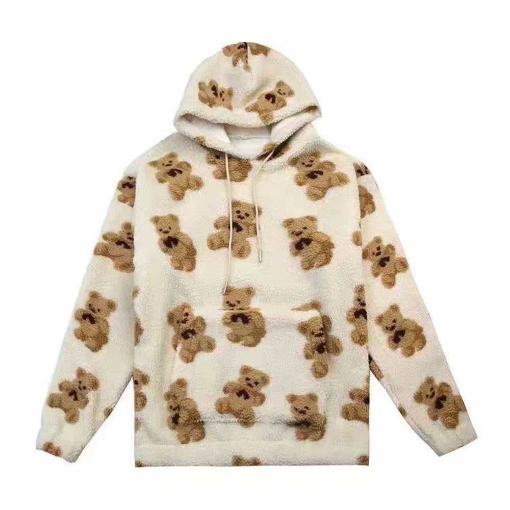 V-hanver little bear Pattern furry Hoodie 2020 Winter Warm Plush  sweet Pullovers Woman Vintage korean Style loose Sweatshirt