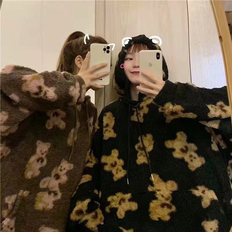 V-hanver little bear Pattern furry Hoodie 2020 Winter Warm Plush  sweet Pullovers Woman Vintage korean Style loose Sweatshirt