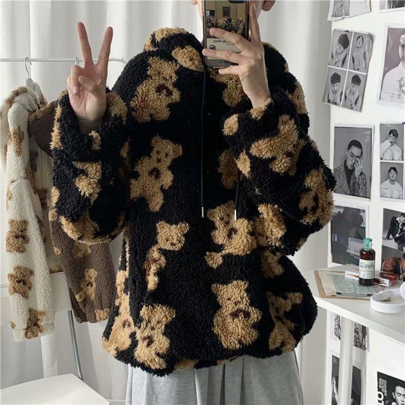 V-hanver little bear Pattern furry Hoodie 2020 Winter Warm Plush  sweet Pullovers Woman Vintage korean Style loose Sweatshirt