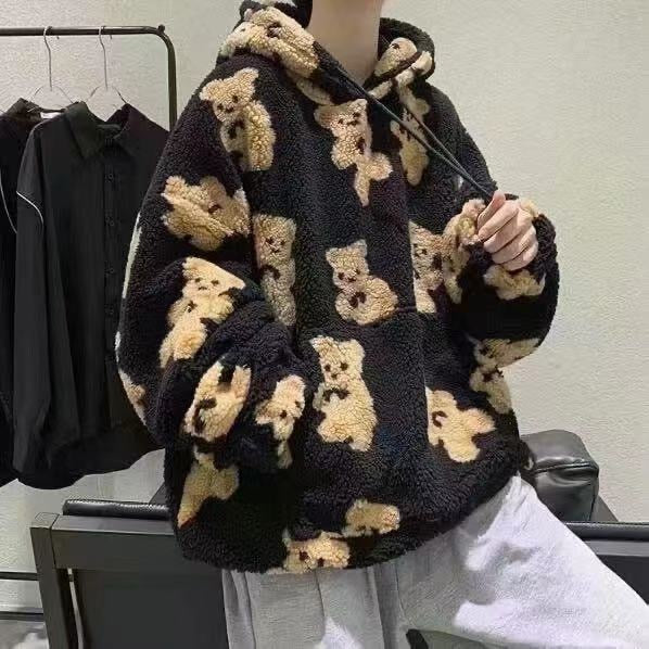 V-hanver little bear Pattern furry Hoodie 2020 Winter Warm Plush  sweet Pullovers Woman Vintage korean Style loose Sweatshirt