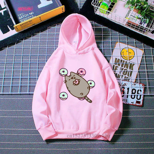 Kawaii Kids Clothes Coffee Cat Love Donut Animal Print Pink Hoodie Girls Harajuku Funny Sweatshirt Children Clothing Coat