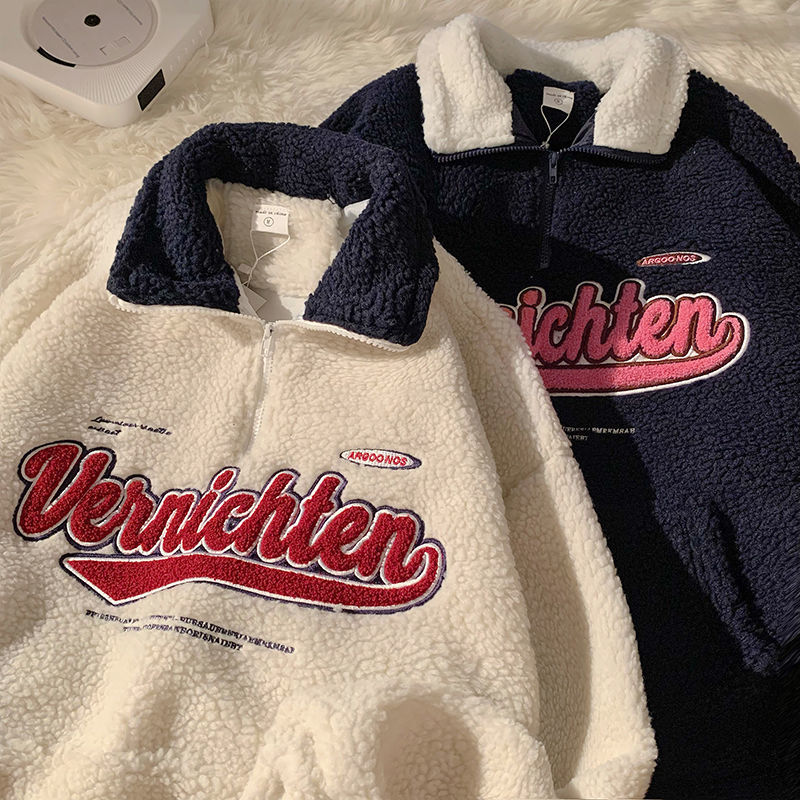 Vintage Letter Embroidery Sweatshirts Women Harajuku V-neck Long Sleeve Pullovers Winter Warm Lambswool Oversize Baseball Tops