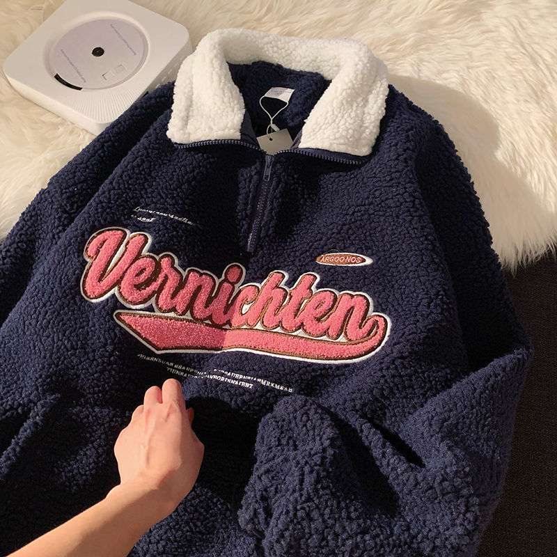 Vintage Letter Embroidery Sweatshirts Women Harajuku V-neck Long Sleeve Pullovers Winter Warm Lambswool Oversize Baseball Tops